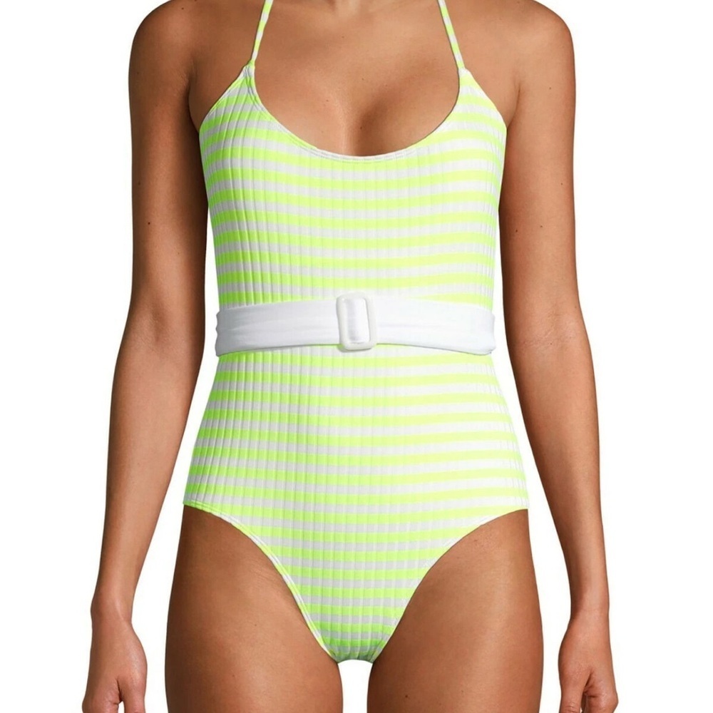 No Boundaries brand women’s Neon Yellow Striped one piece swimsuit size MEDIUM